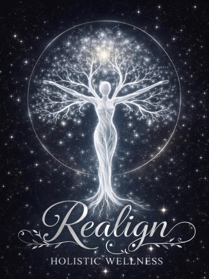 Realign Holistic Wellness logo of a glowing white tree shaped like a woman.  The leaves turn into stars and fade into the starry background.
